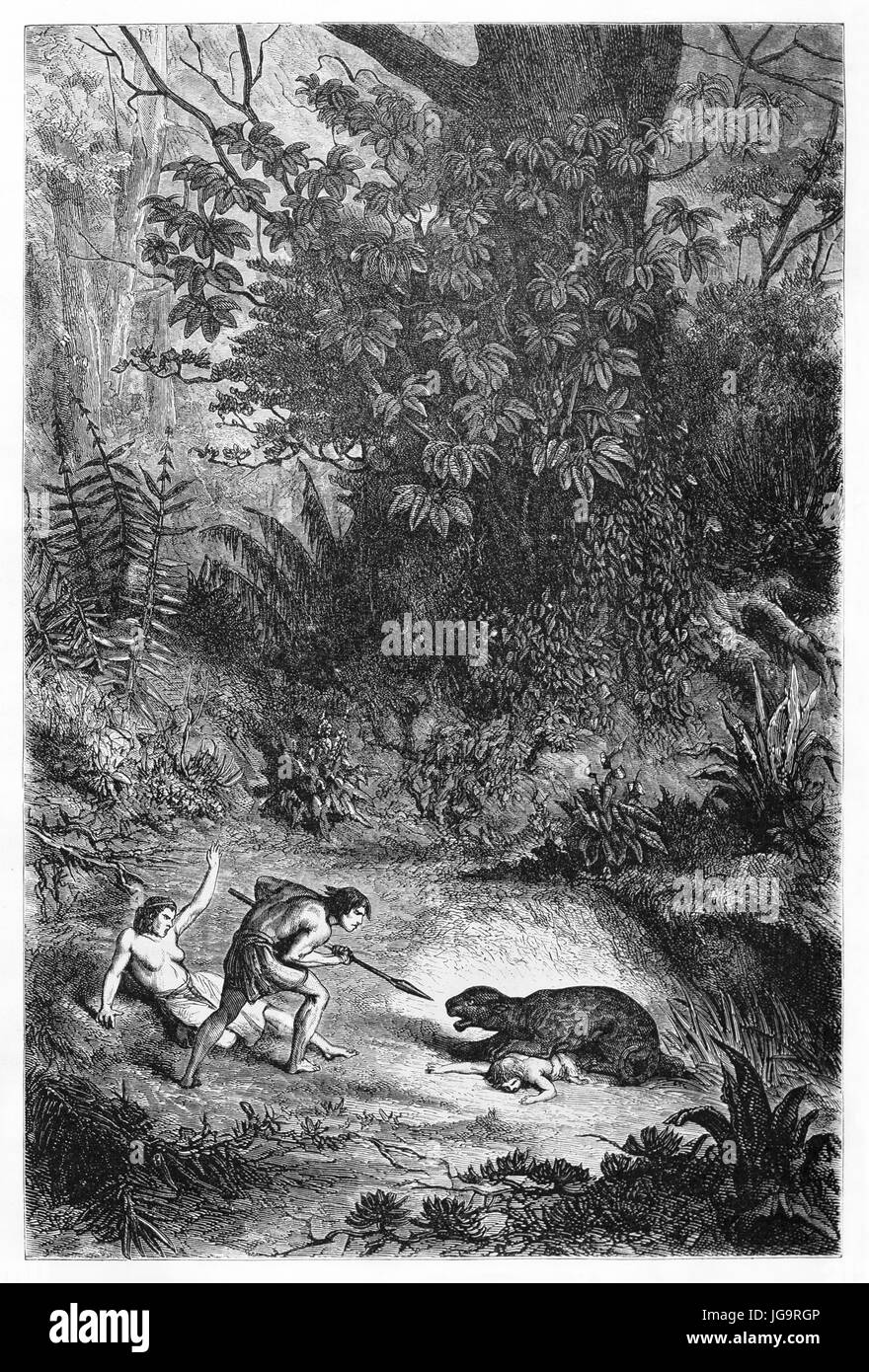 Old illustration depicting Jaguar attack to indigenous family in the jungle, South America. Created by Castelli, published on Le Tour du Monde, Paris, Stock Photo