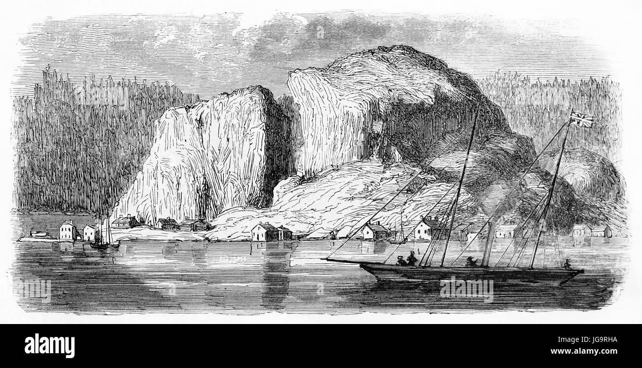 Kragero, Telemark, Norway, under a big fjord viewed from front water. Ancient grey tone etching style art by Saint-Blaise and Gusmand, 1861 Stock Photo
