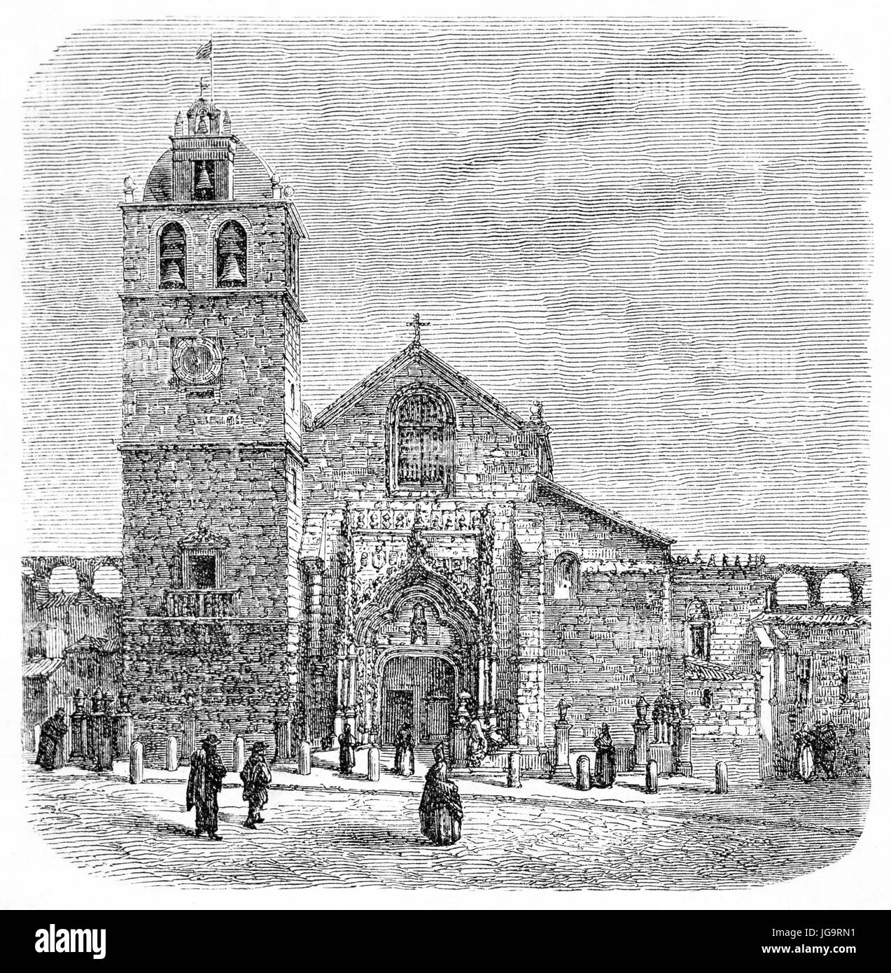 facade of stone brick Matriz church in Vila do Conde and front square, northern Portugal. Ancient grey tone etching style art by Catenacci, 1861 Stock Photo