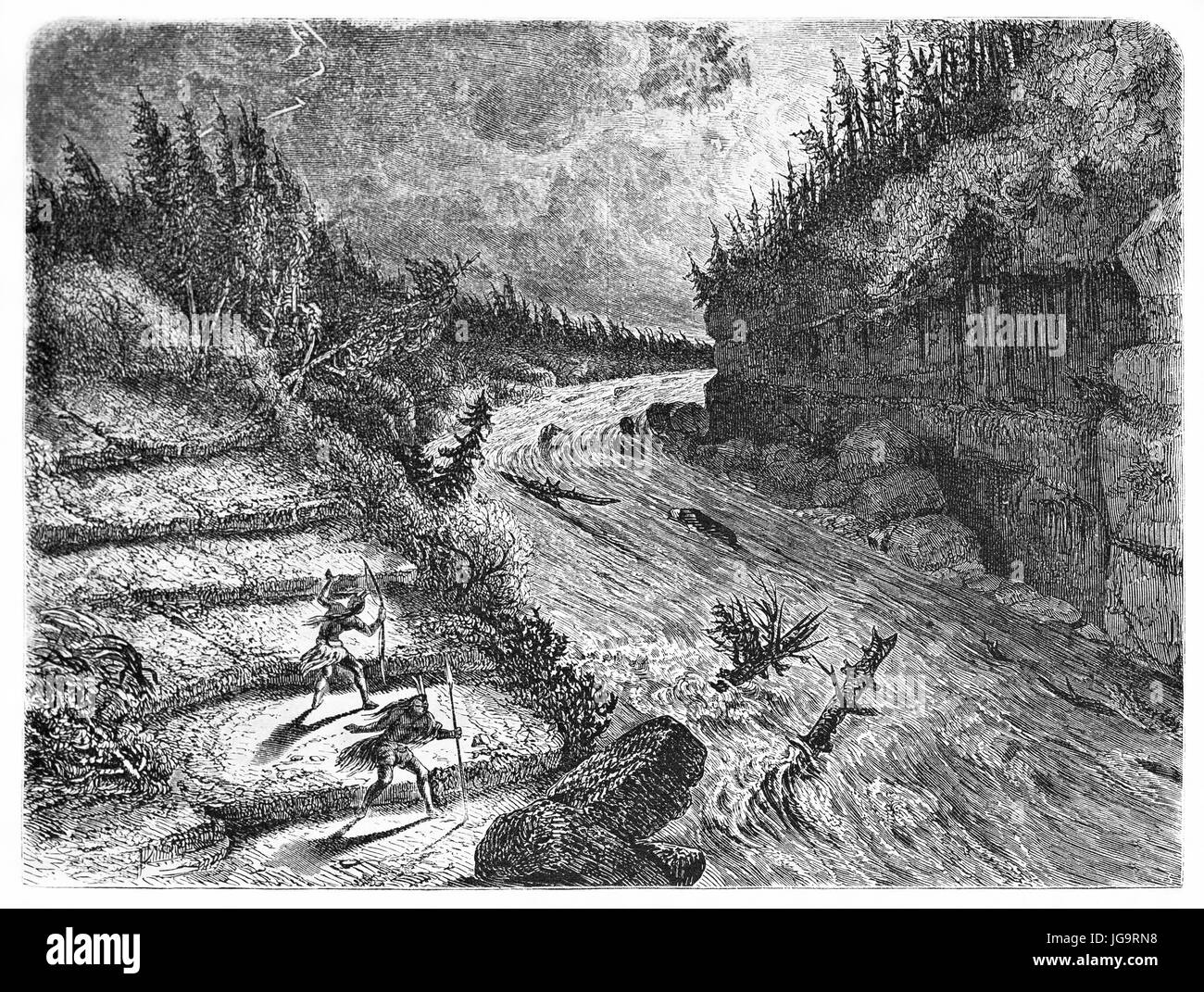 Montmorency river violent rapids flow in a night storm, Canada. Ancient grey tone etching style art by Huet, Le Tour du Monde, Paris, 1861 Stock Photo