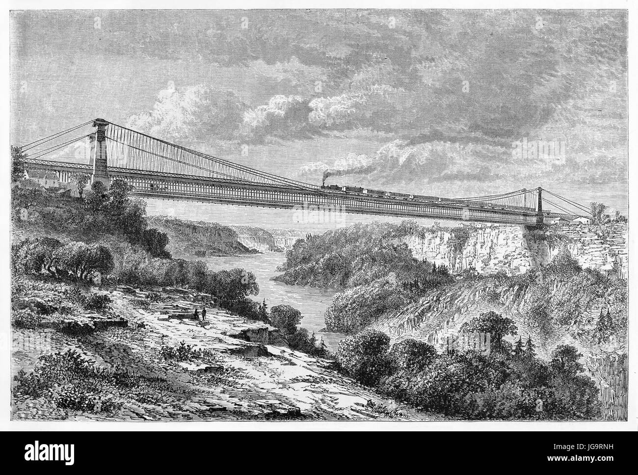 Old view of Niagara Falls Suspension Bridge, North America. Created