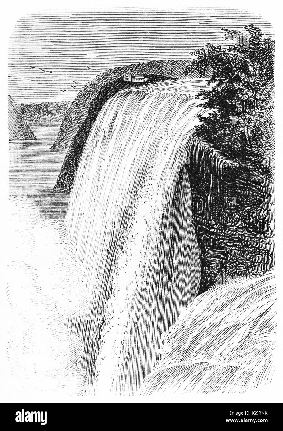 Central fall of Niagara waterfalls, North America. Big water amount falling down wildly making foam. Ancient grey tone etching style art by Huet, 1861 Stock Photo