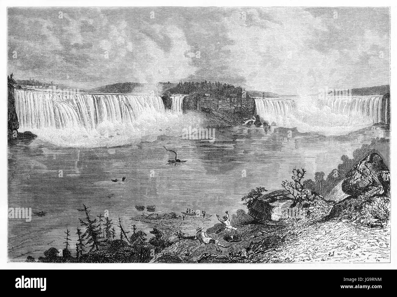 Large overall view of afar Niagara Falls, North America, from the fronting shore. Ancient grey tone etching style art by Huet, Le Tour du Monde, 1861 Stock Photo