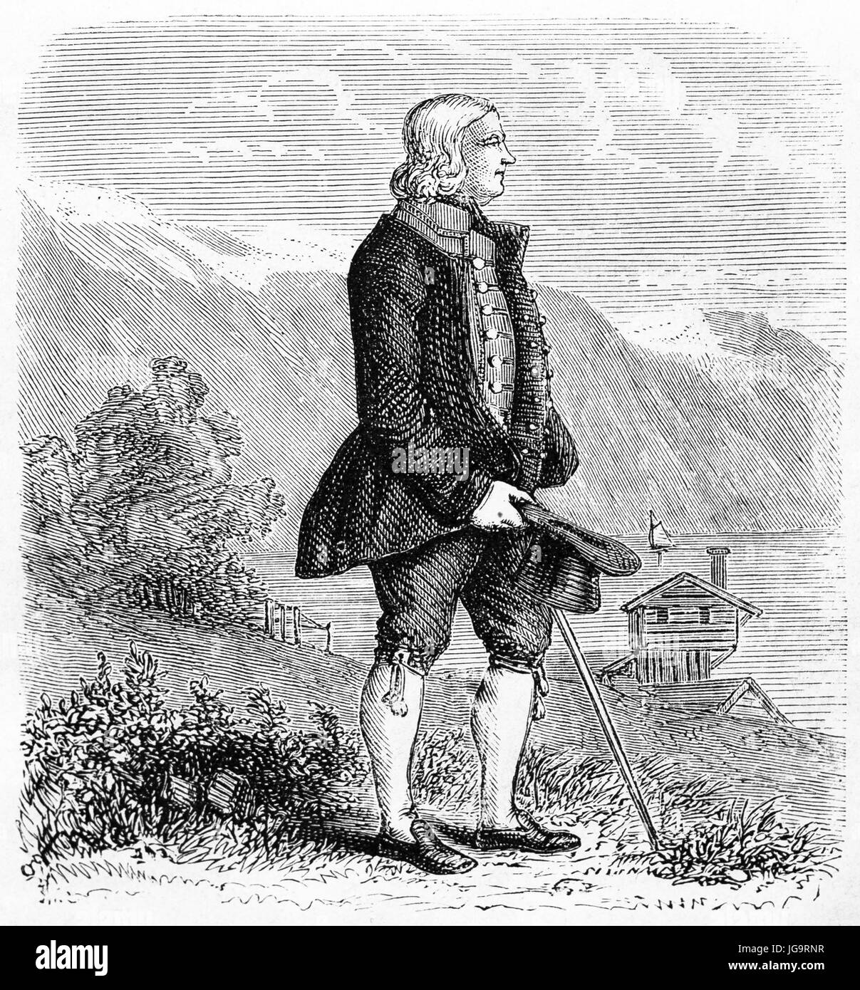 full body portrait of Bourgeois in Stavanger in elegant clothes posing outdoor over a natural landscape, Norway. Etching style art by Huyot, 1861 Stock Photo