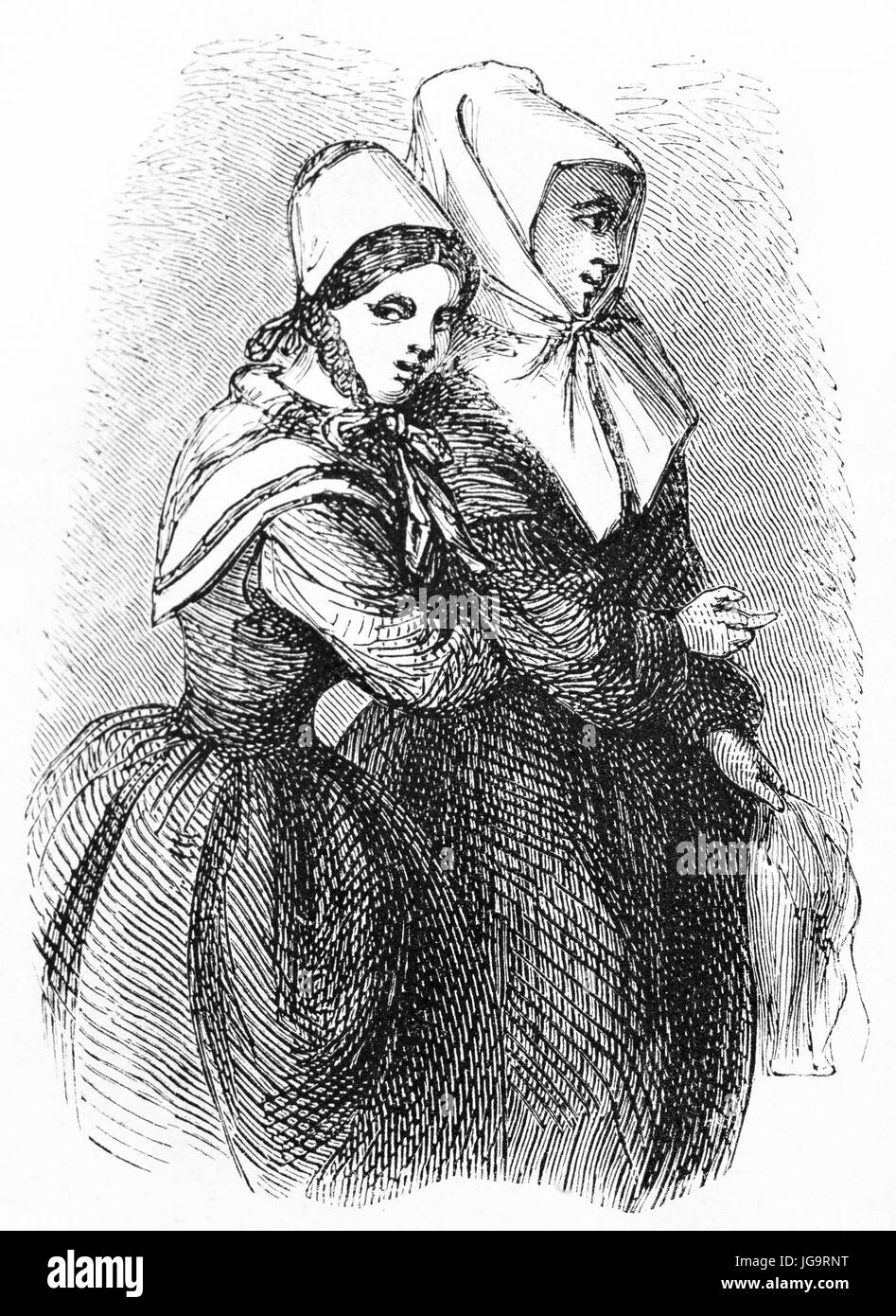 two Norwegian women hugging from back, headscarf and long clothes dressed. Ancient grey tone etching style art by unidentified author, 1861 Stock Photo