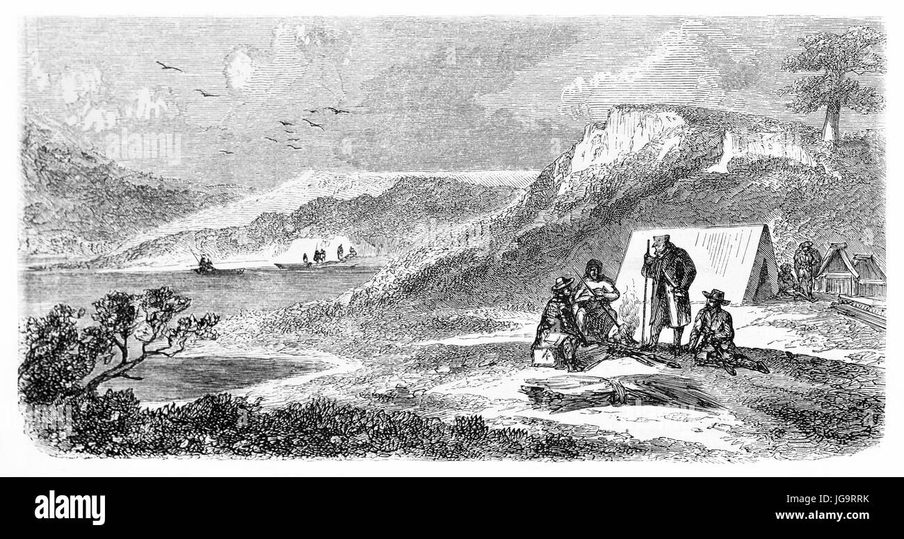 encampment on Puerto del Hambre (Port Famine) coastline, on a hilled seascape shore. Ancient grey tone etching style art by De Bérard, 1861 Stock Photo