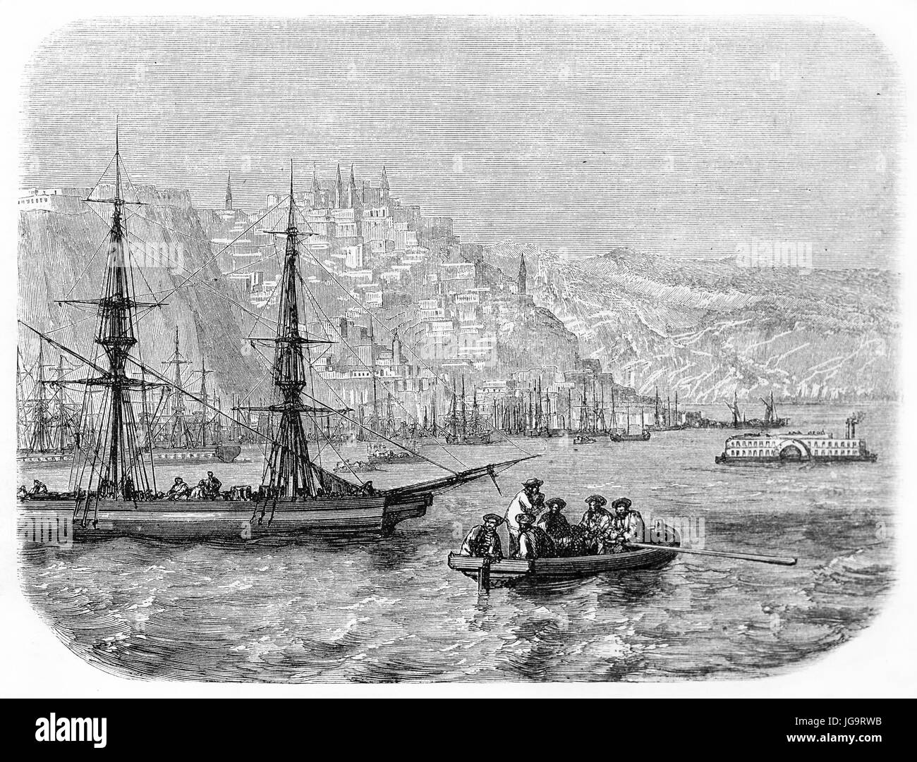 Ships, boat, sea water and Quebec city far in the distance, the capital of the Canadian Province.Etching style art by Grandsire, 1861 Stock Photo