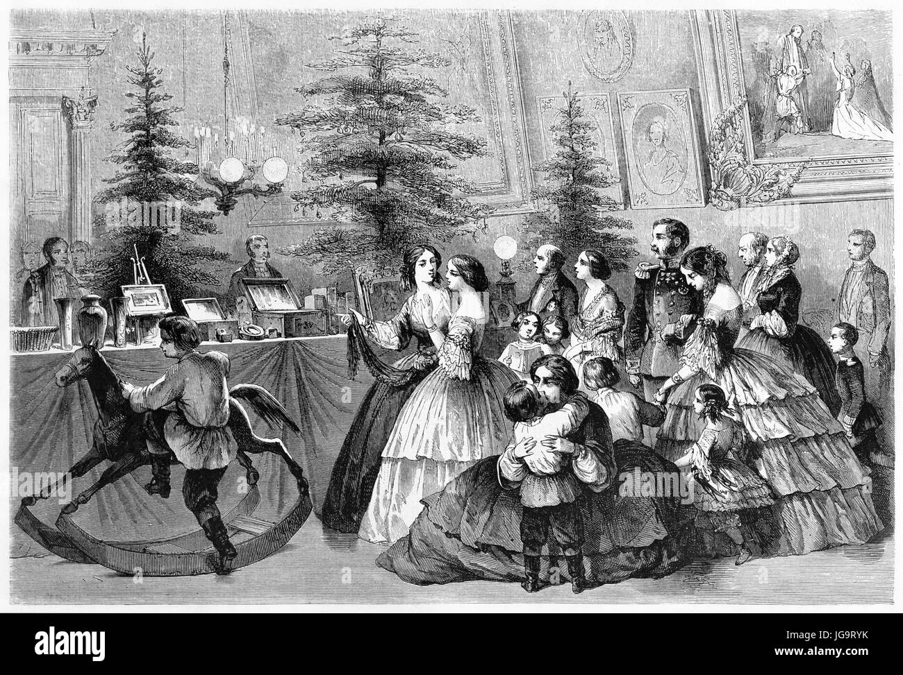 Elegant and rich russian family looking for Christmas gift indoor in a prestigious shop. Ancient grey tone etching style art by Lancelot, 1861 Stock Photo