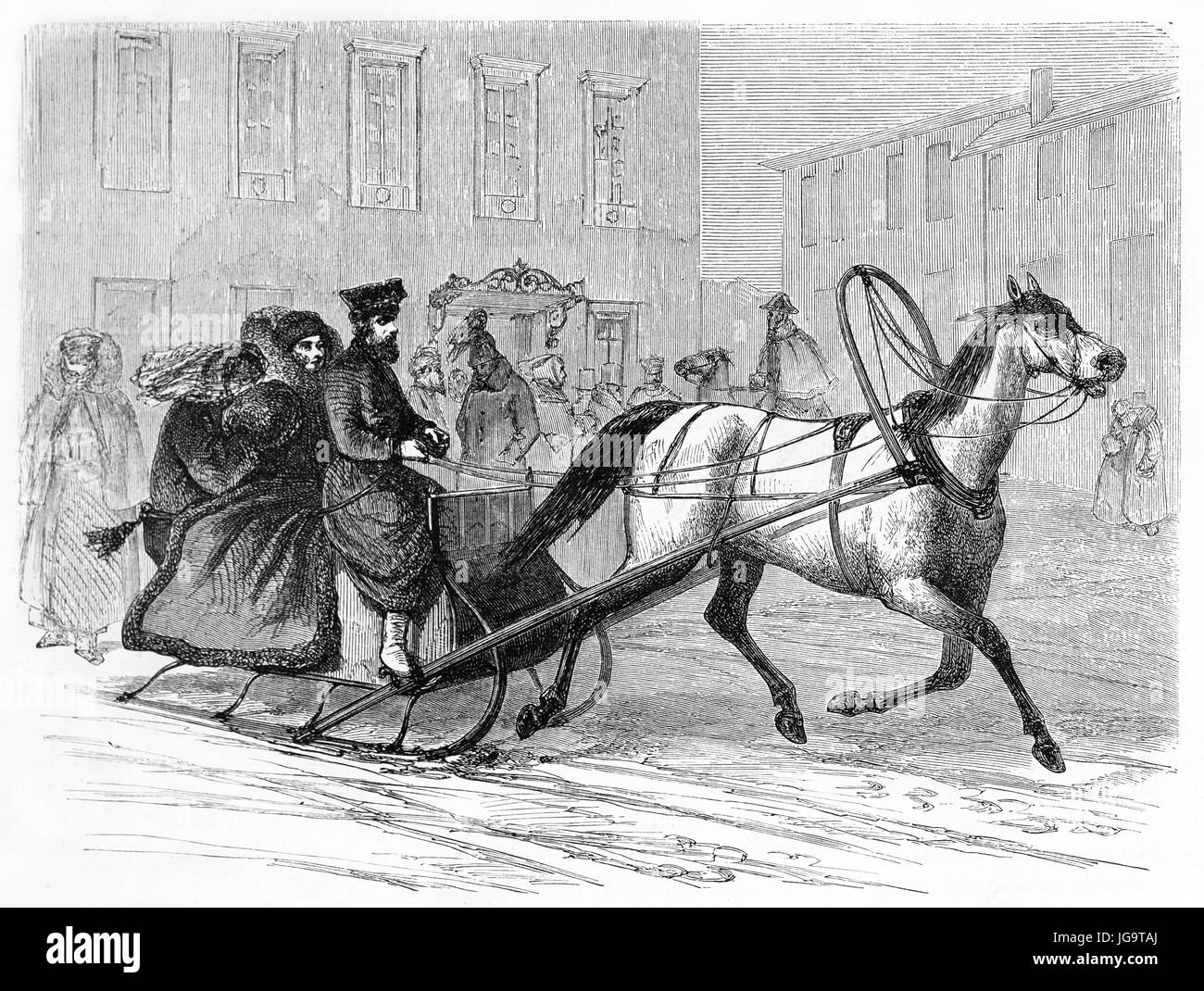horse drawn sleigh ride in Saint Petersburg, Russia. Ancient grey tone etching style art by Blanchard, published on Le Tour du Monde, Paris, 1861 Stock Photo