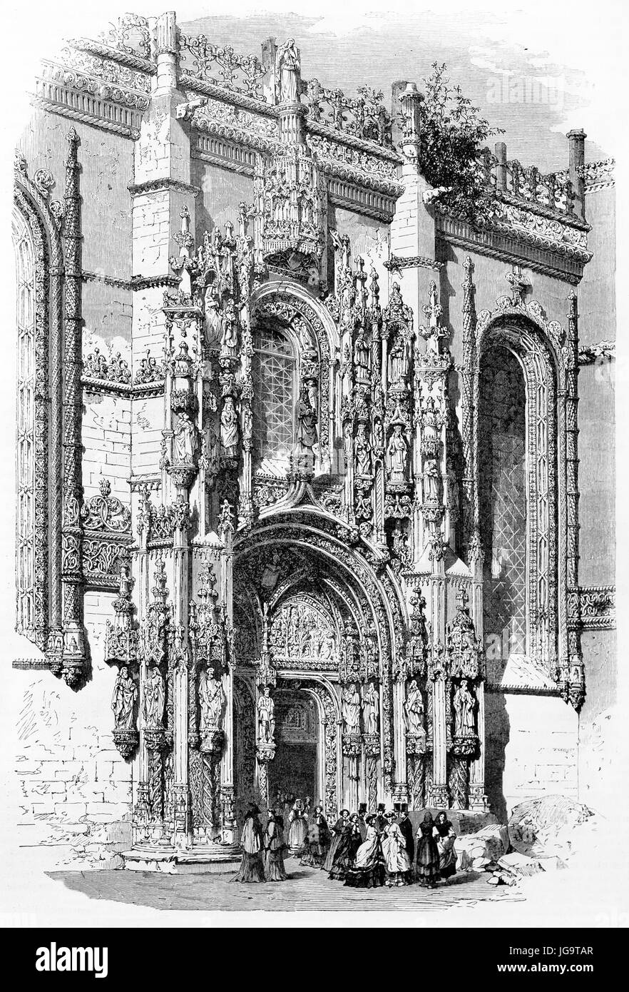 richly gothic decorated with statues and bas reliefs Jeronimos Monastery south big portal, Belém, Portugal. Ancient etching style art by Therond 1861 Stock Photo