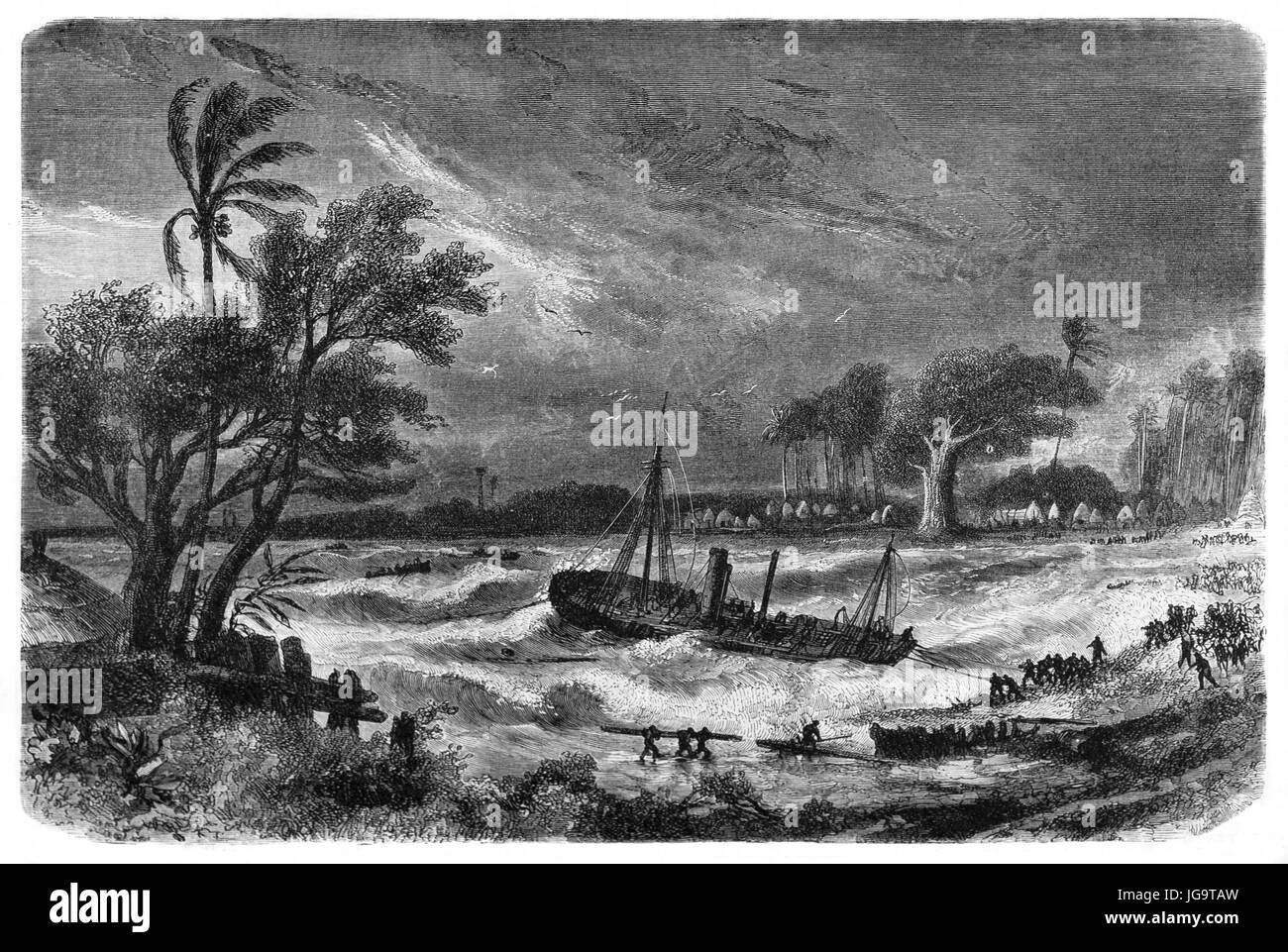 Distressed ship in the middle of a dark storm near to african coast. Ancient grey tone etching style art by Bérard, Le Tour du Monde, 1861 Stock Photo
