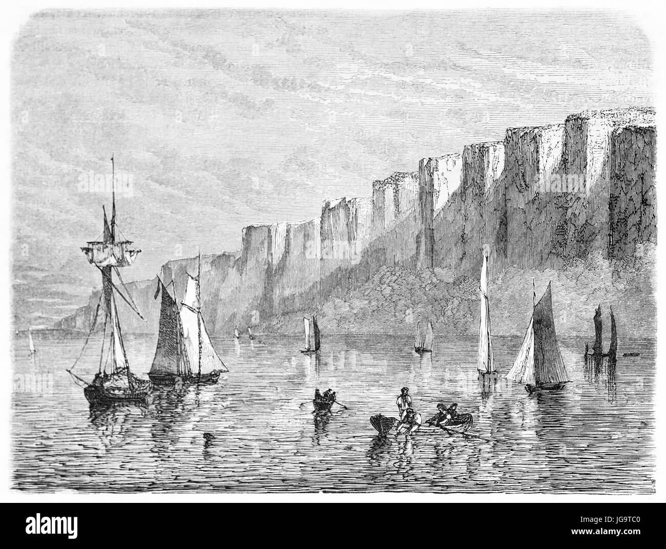the Palisades, Hudson river, US, high mountains overhanging flat water. Ancient grey tone etching style art by Huet, published on 1861 Stock Photo