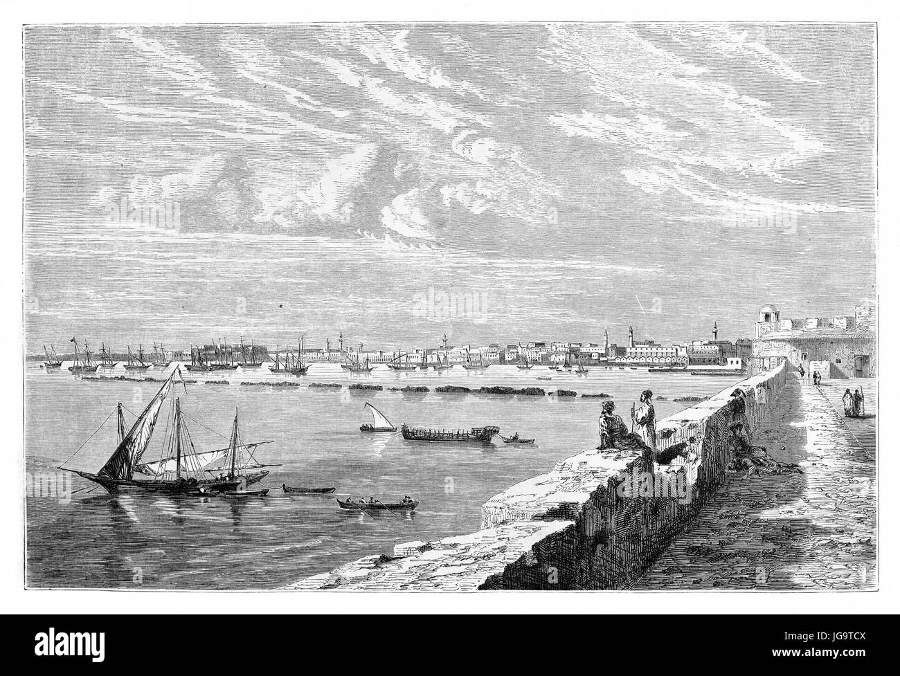 Tripoli cityscape and part of barren surrounding ground, Libya. Ancient grey tone etching style art by Lancelot, published on Le Tour du Monde 1861 Stock Photo