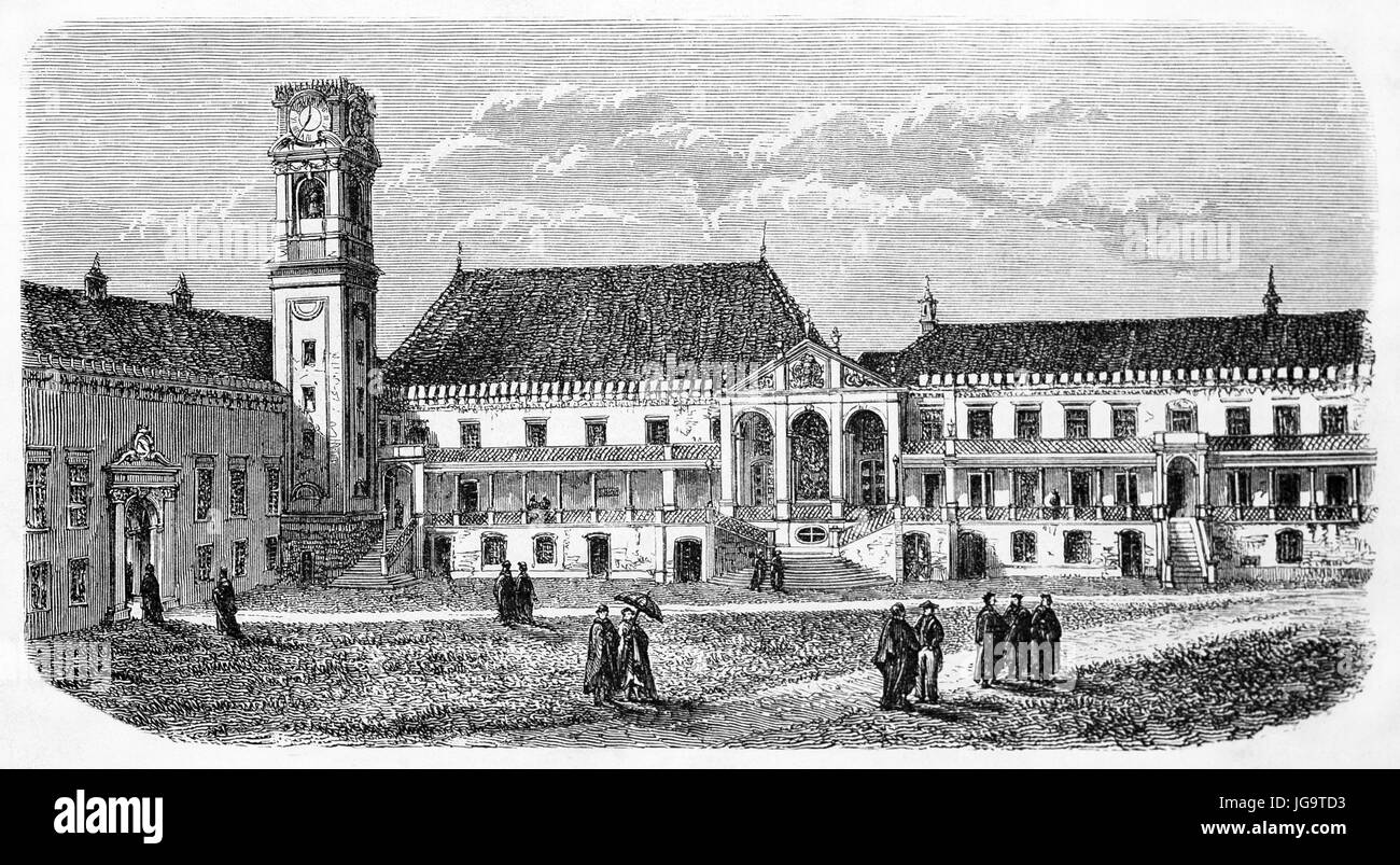 University of Coimbra edifice main courtyard overall view and teachers walking. Ancient grey tone etching style art by Catenacci, published on 1861 Stock Photo