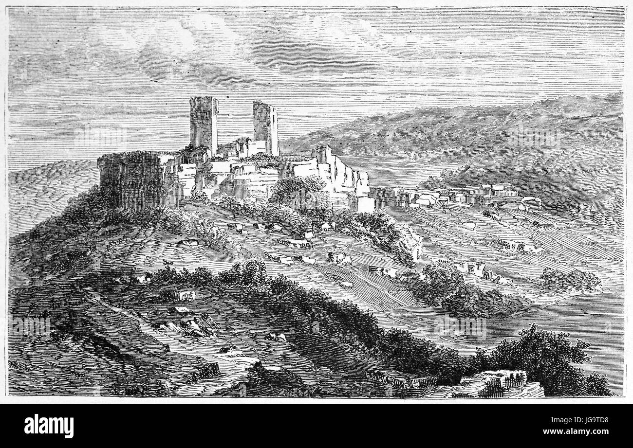 stone ruins on a hill top in Varangéville landscape, Meurthe et Moselle Department, France. Ancient grey tone etching style art by Lancelot, 1861 Stock Photo
