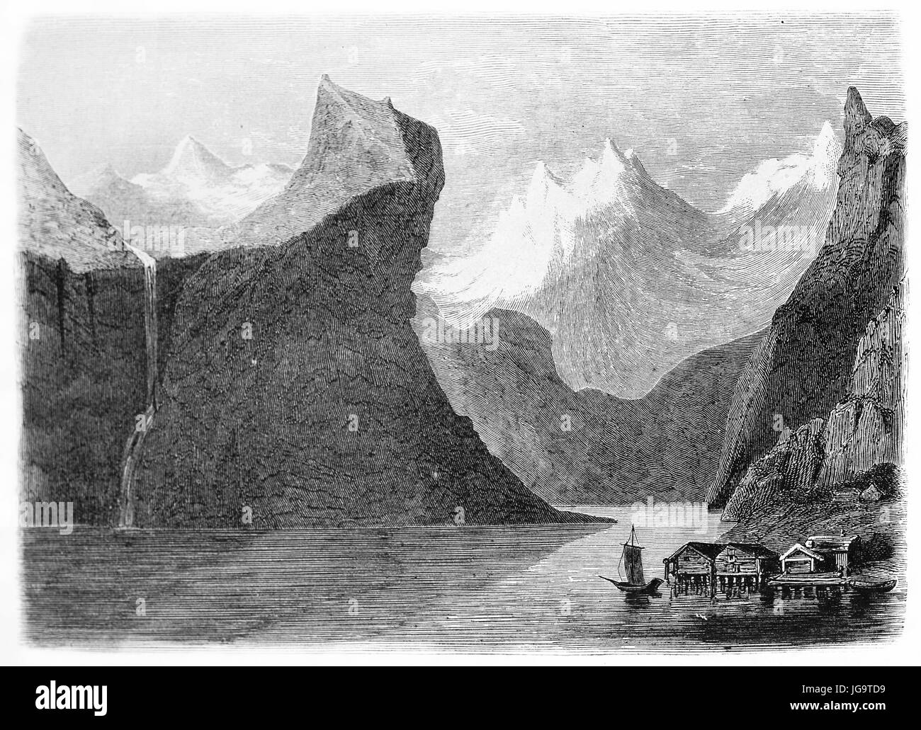 Small isolated wooden houses fronting huge Veblunsgnoeset fjord, Norway. Ancient etching style art by Saint-Blaise, published on Le Tour du Monde 1861 Stock Photo