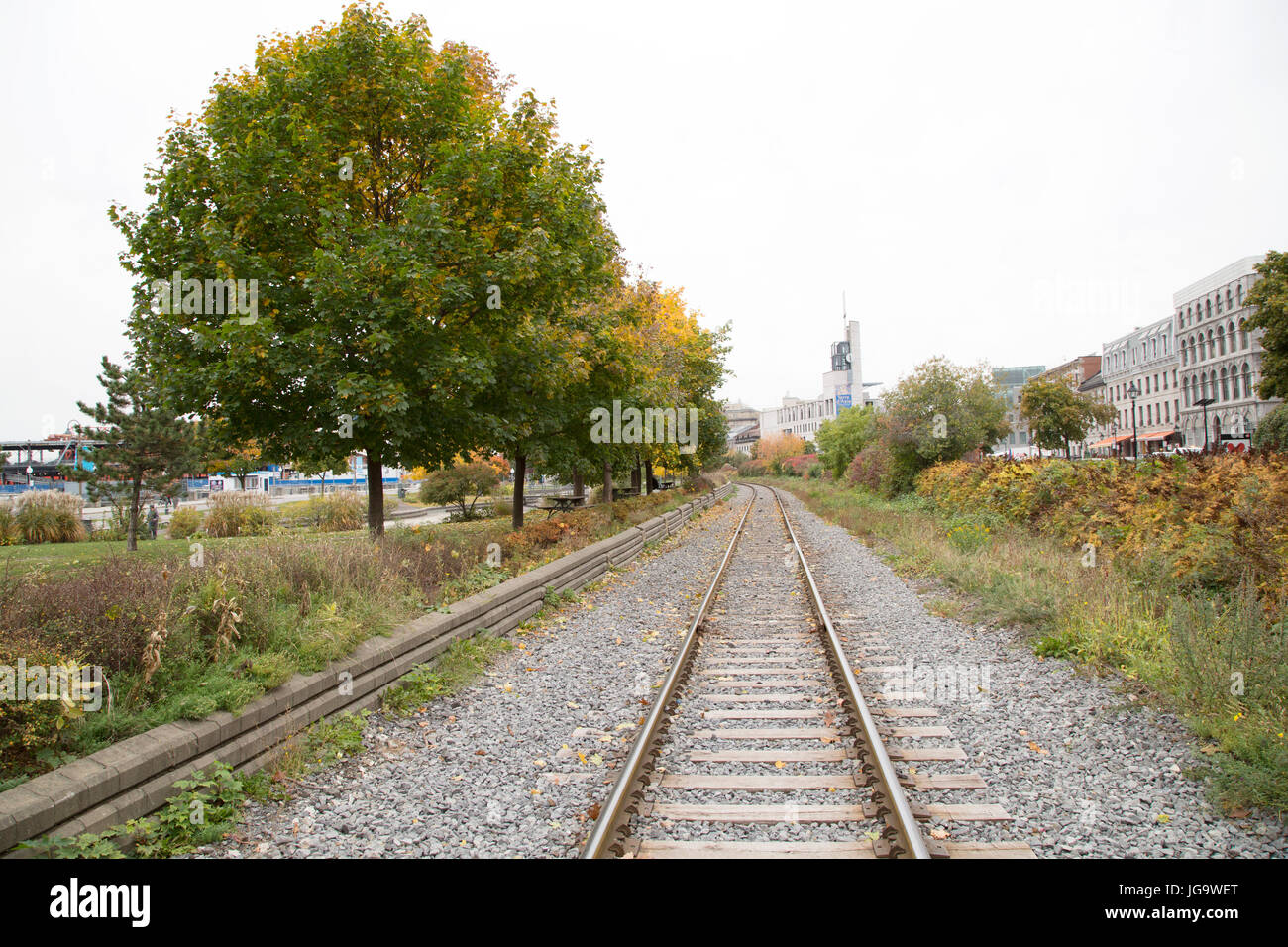 A railway line in Montreal, Canada. It ruins along the promenade by the Old Port. Stock Photo