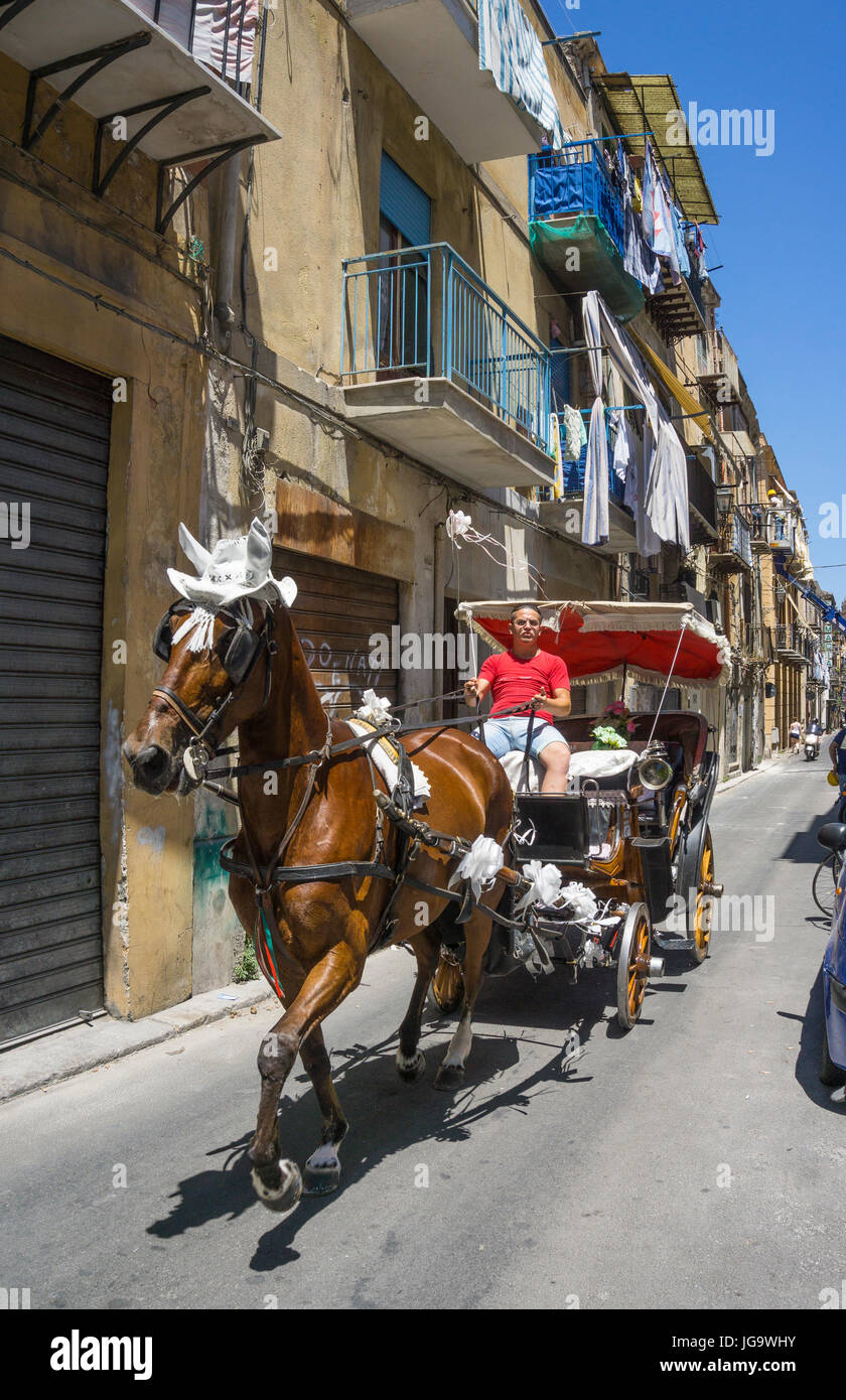 Man driving a horse and carriage in one of Palermos back streets. Palermo, Sicily, Italy. Stock Photo