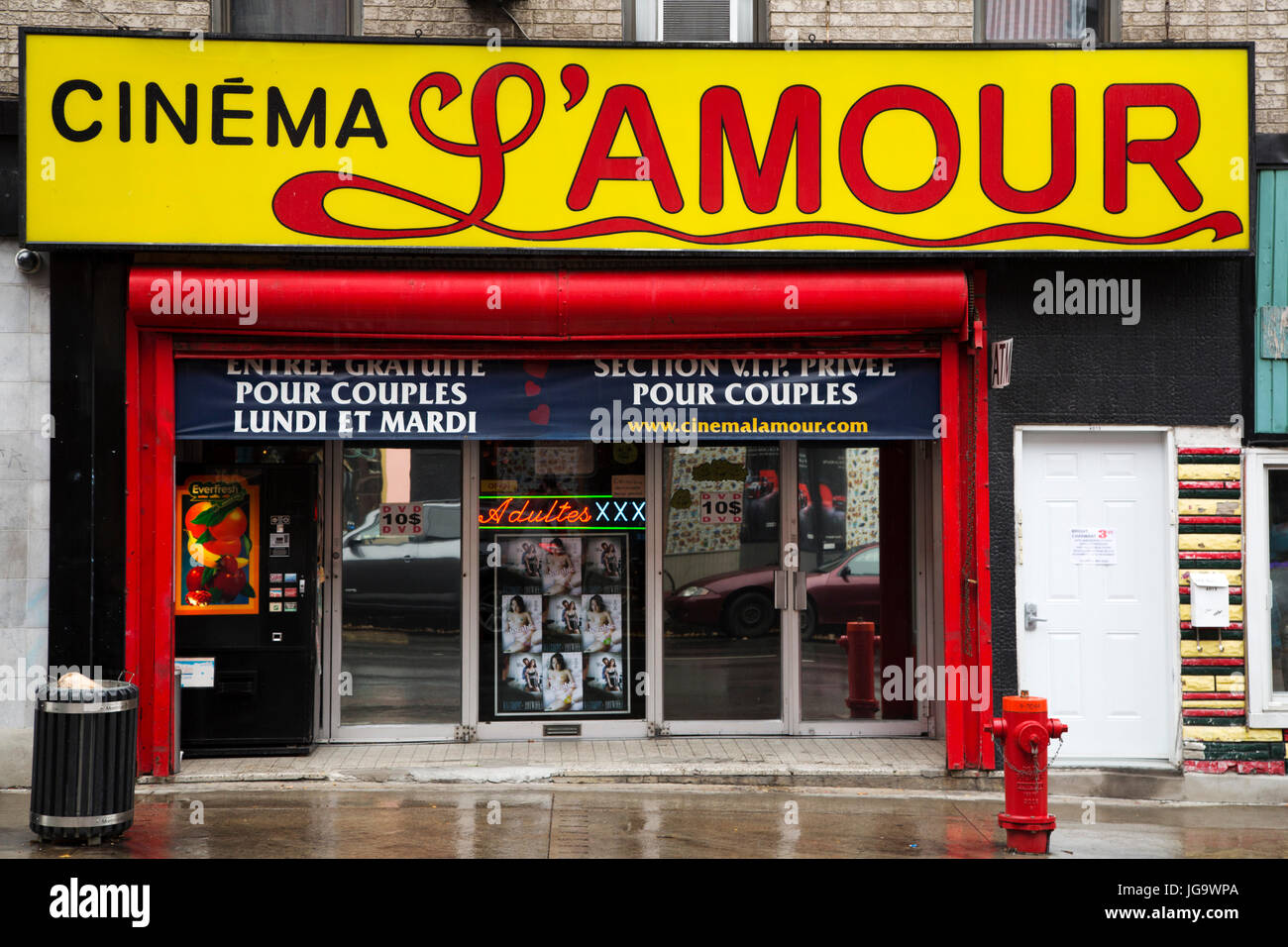 Facade of the Cinema L'Amour in the Mile End district of Montreal, Canada. The cinema screens adult entertainment. Stock Photo
