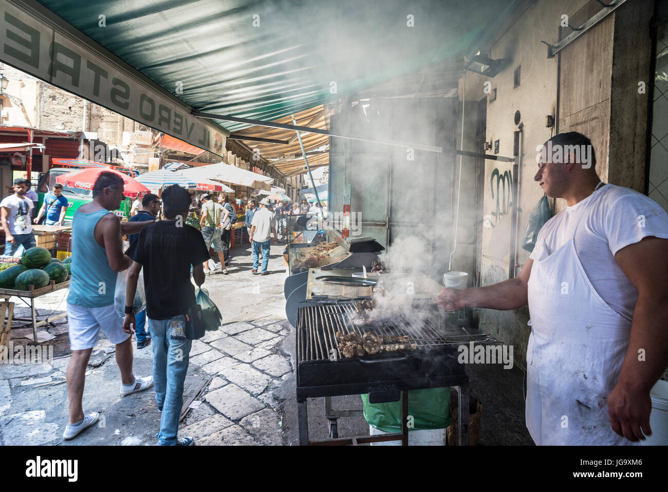 Street food vendor in The Ballaro Market in the Albergheria district of