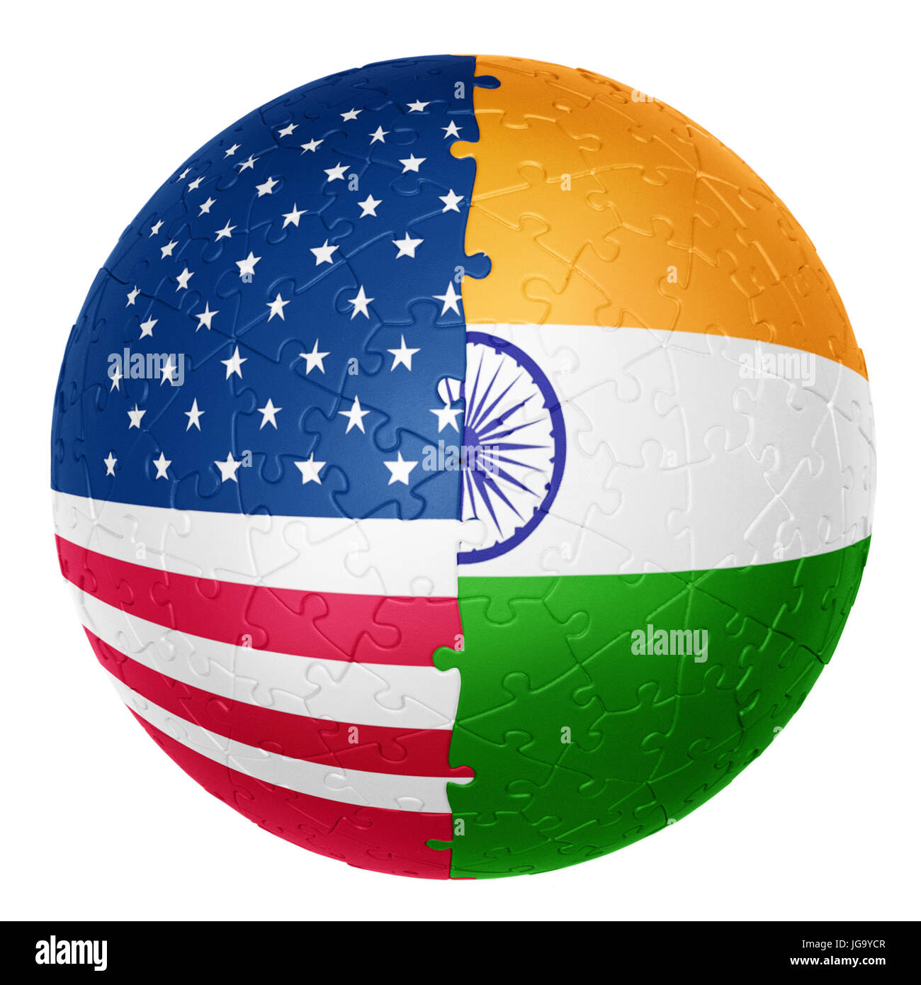 jigsaw ball one half is the USA flag the other half is the India flag 3D illusions Stock Photo