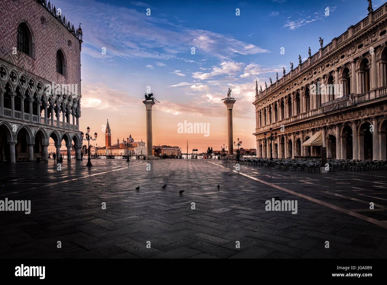 Dawn breaking over St. Mark's Square in Venice, Italy Stock Photo