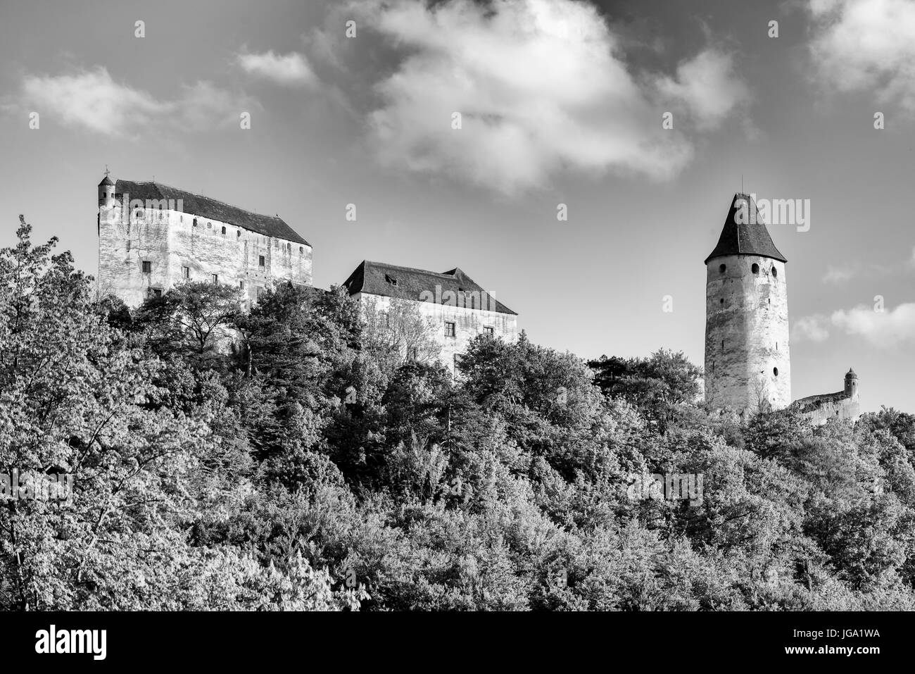 Outdoor scenic monochrome image of medieval castle Seebenstein, Austria Stock Photo