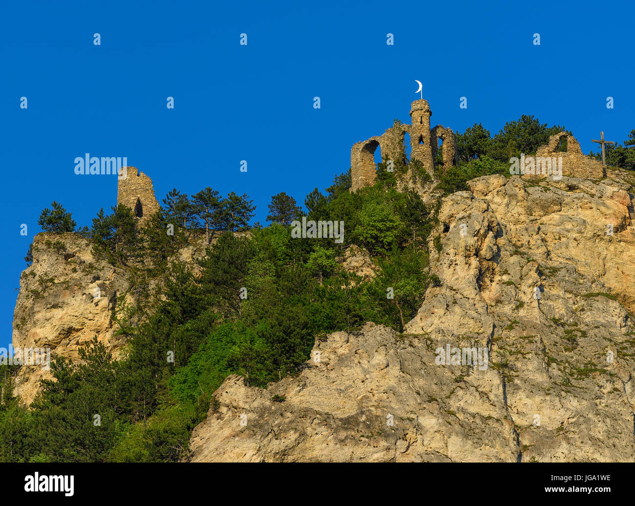Outdoor color image of the landmark fortress ruin Tuerkensturz in Seebenstein, Austria, Europe, which is located in a nature reserve, recreation area Stock Photo