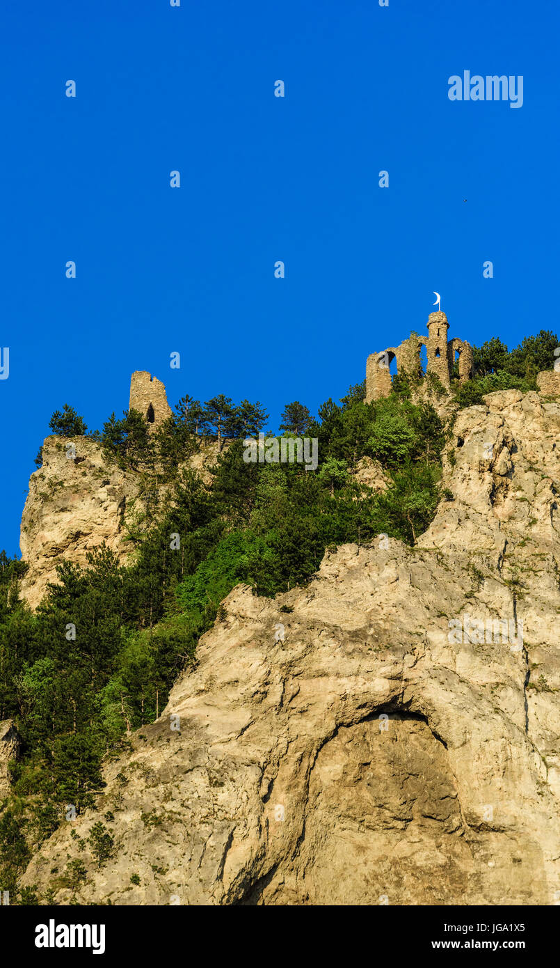 Color image of the landmark fortress ruin Tuerkensturz, Seebenstein, Austria, Europe, which is located in a nature reserve, recreation, mountain bikin Stock Photo