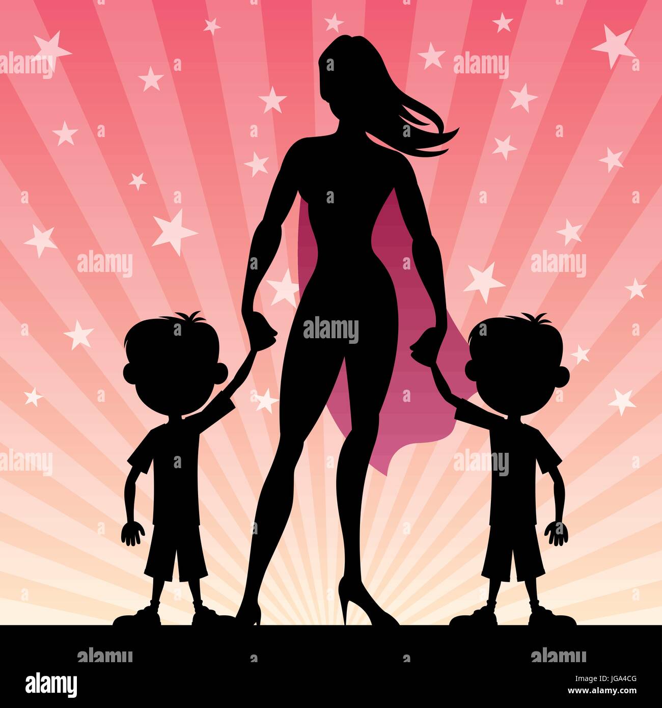 Super mom with her twin boys. Stock Vector