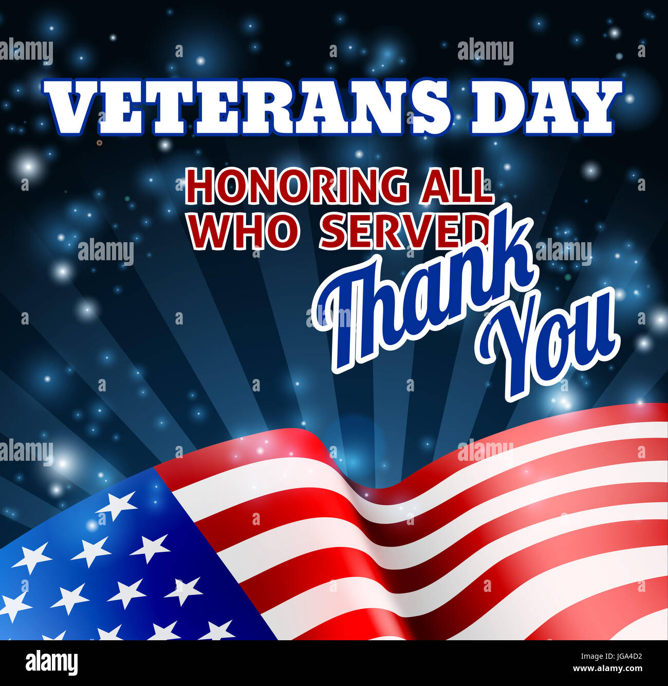 A Veterans Day background with an American Flag and Thank You message Stock Photo