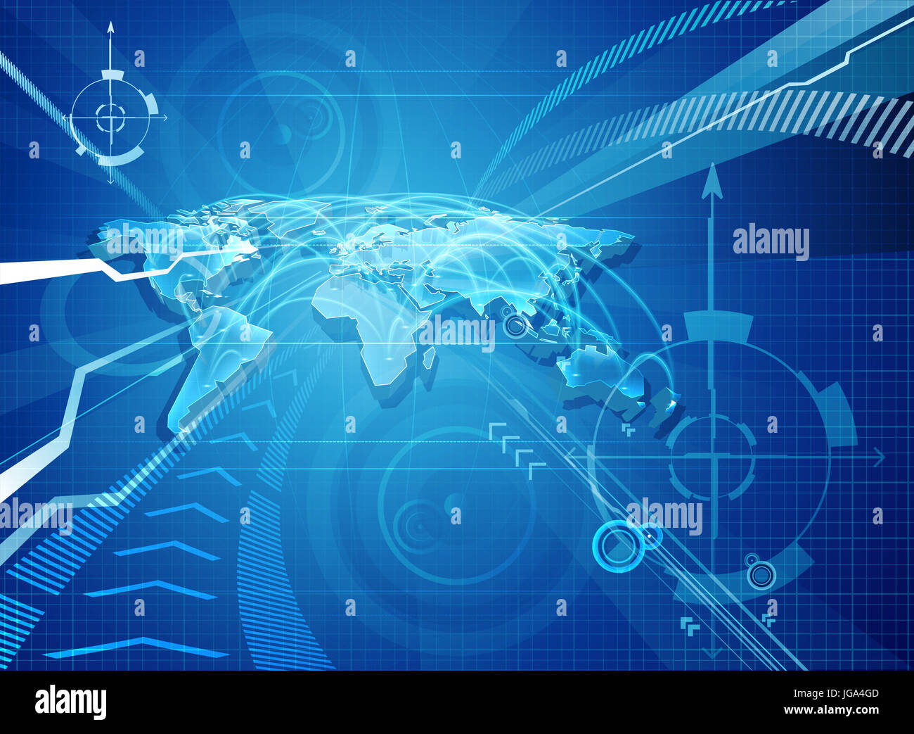 World map background concept abstract with flight paths or communication links. A technology or globalisation concept Stock Photo