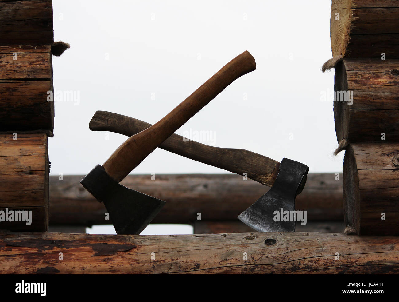 Building Axes Two axes on the when building a wooden house are ready for work Stock ...