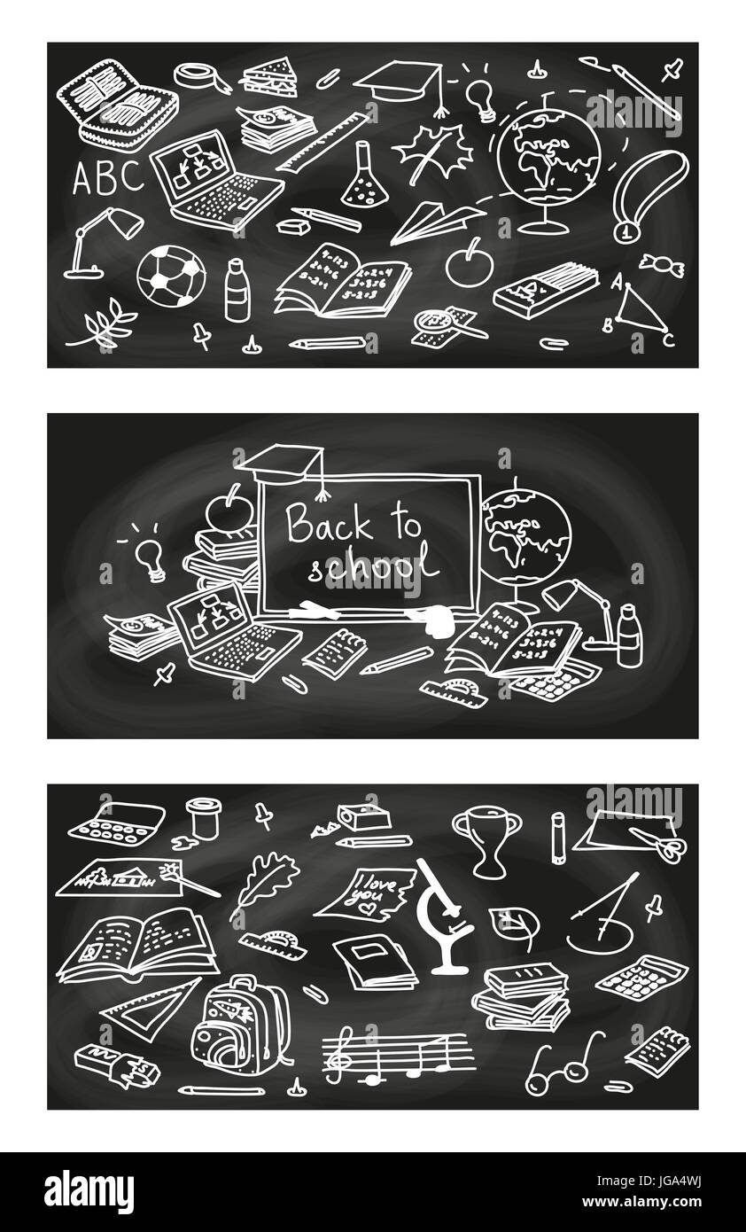Back to school set of cards with educational objects on black chalk board background. 3 labels in 1. poster, invitation, greeting, business card. For  Stock Vector