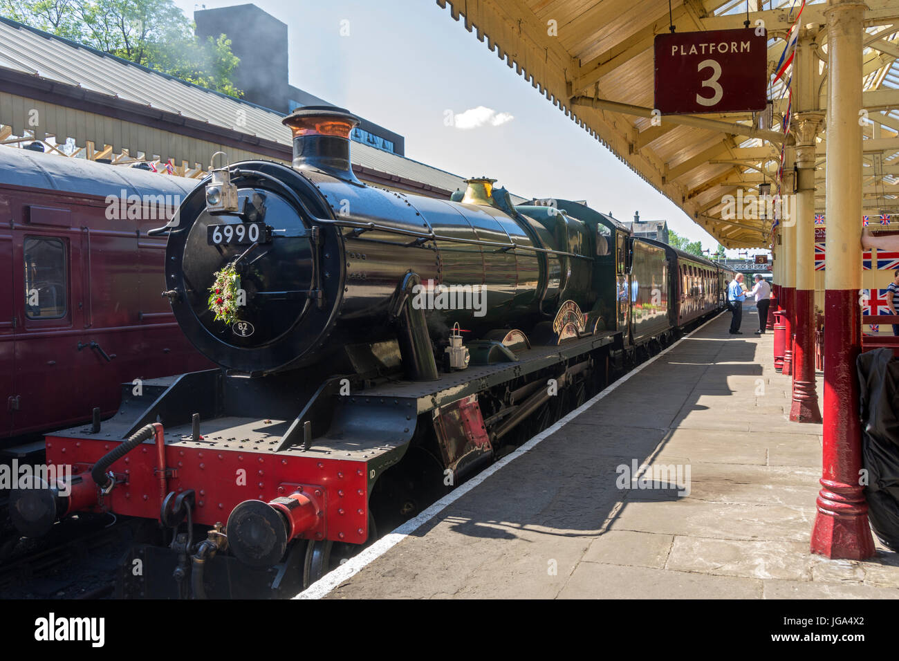 Great Western Railway (GWR) 6959 Class  4-6-0 steam locomotive at Bury station, on the East Lancashire Railway, Bury, Greater Manchester, UK. Stock Photo
