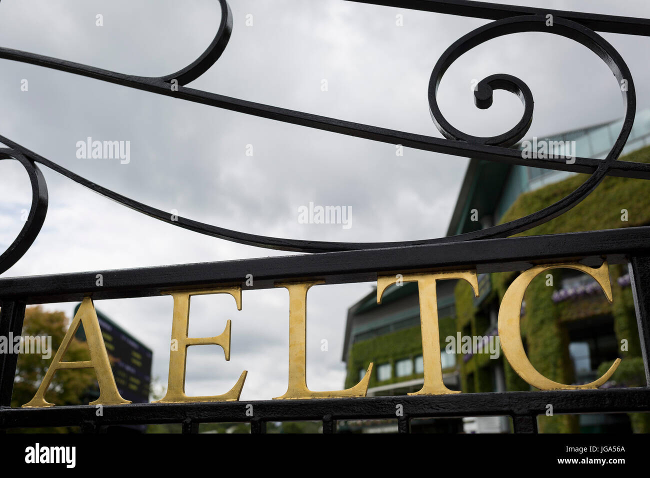 The main gates of the AELTC (All England Lawn Tennis Club) during the Wimbledon tennis championships, on 3rd July 2017, in Wimbledon, London, England. Stock Photo