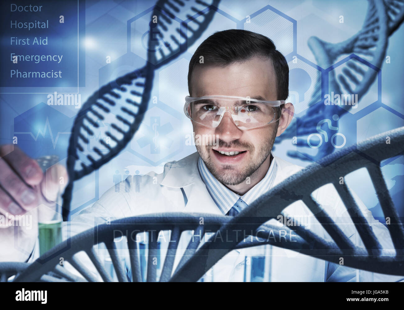 Handsome scientist making research over dna molecule structure Stock ...