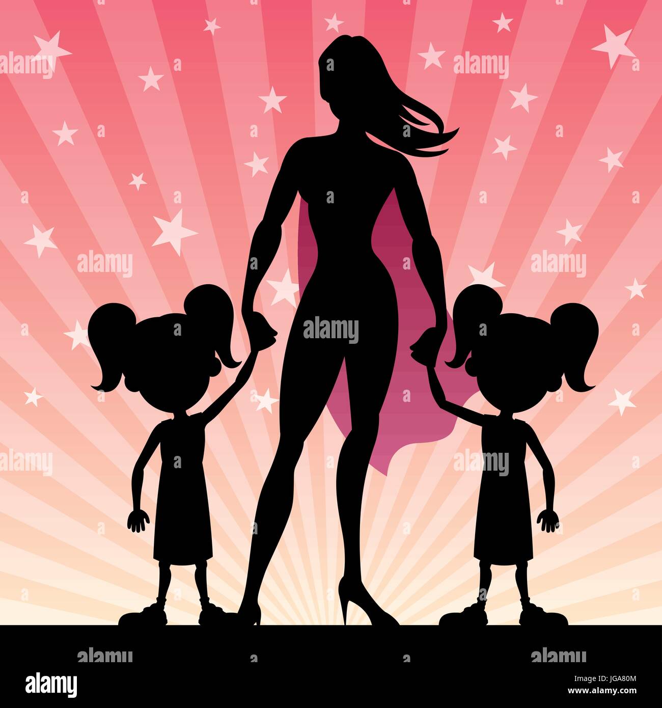 Super mom with her twin little girls. Stock Vector