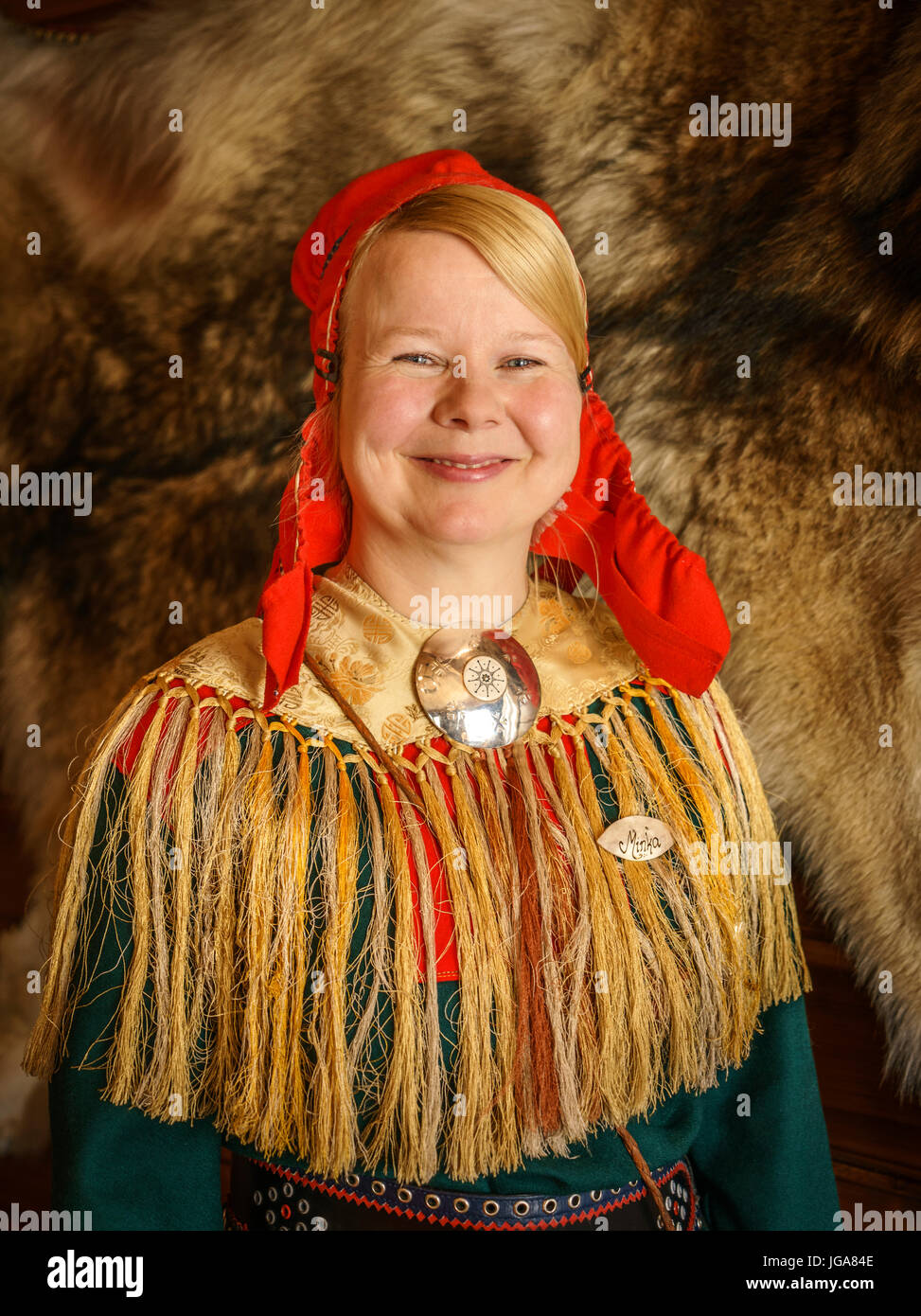 Woman in traditional Sami costume, Lapland, Finland Stock Photo