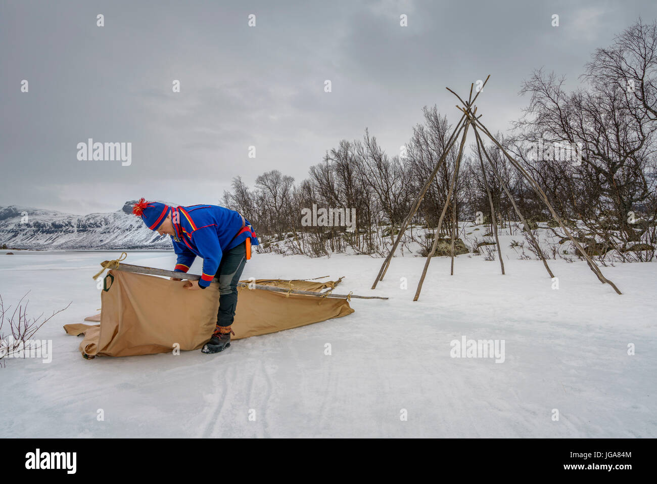Building a Sami Tent, Lapland, Sweden Stock Photo