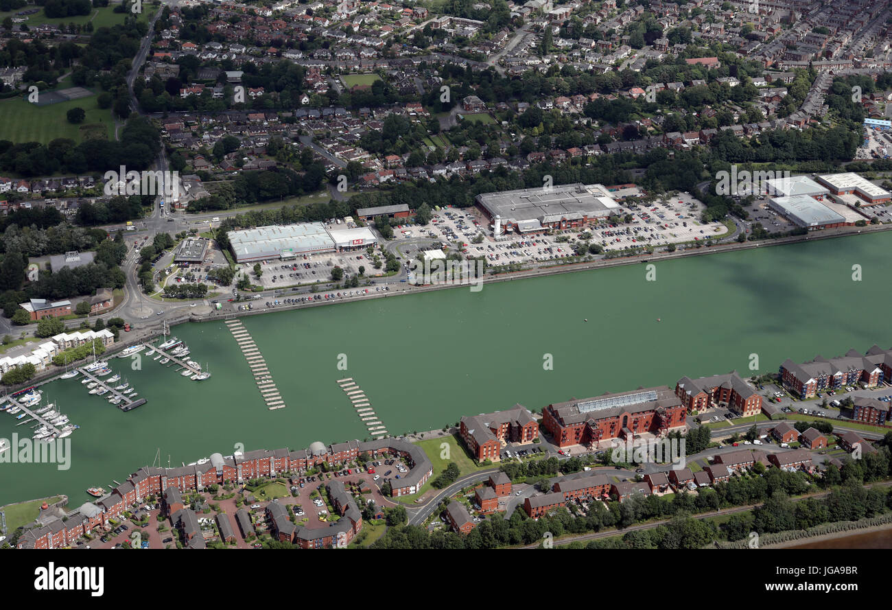 aerial view of the retail park at Preston Marina, UK Stock Photo