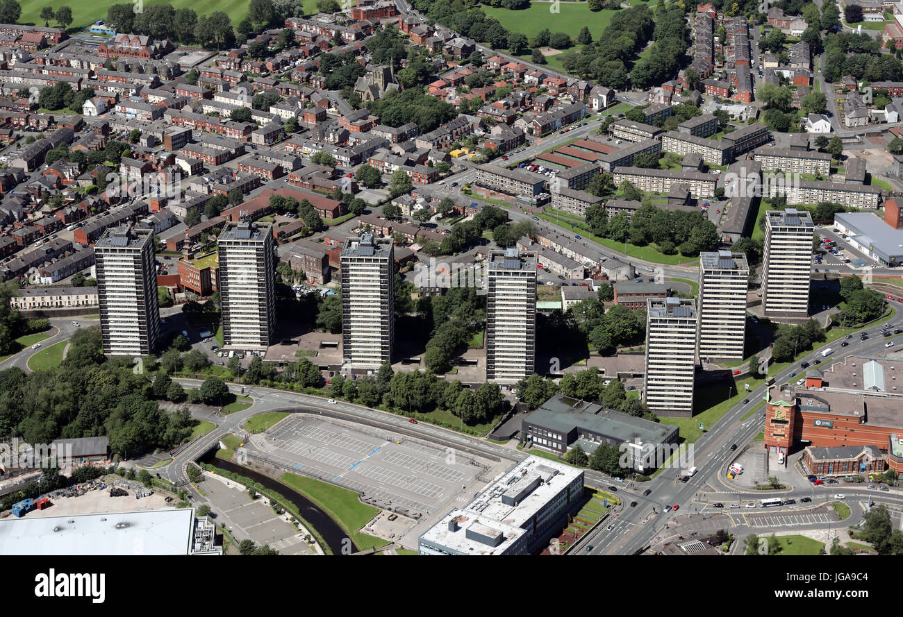 aerial view of the Seven Sisters Tower Blocks in Rochdale Town Centre, Lancashire, UK Stock Photo