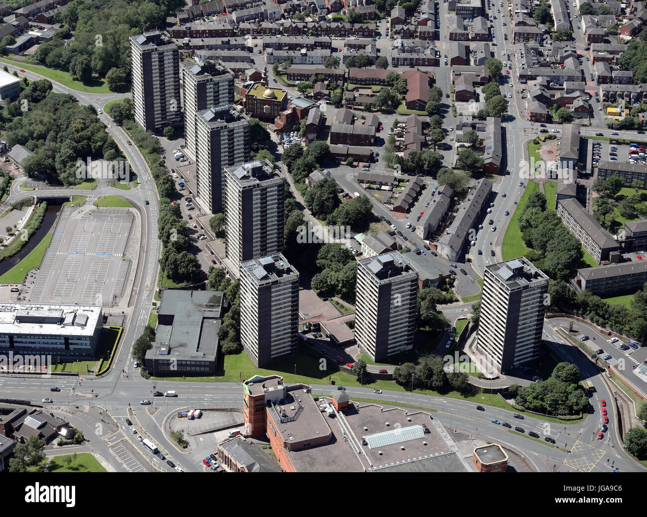 aerial view of the Seven Sisters Tower Blocks in Rochdale Town Centre, Lancashire, UK Stock