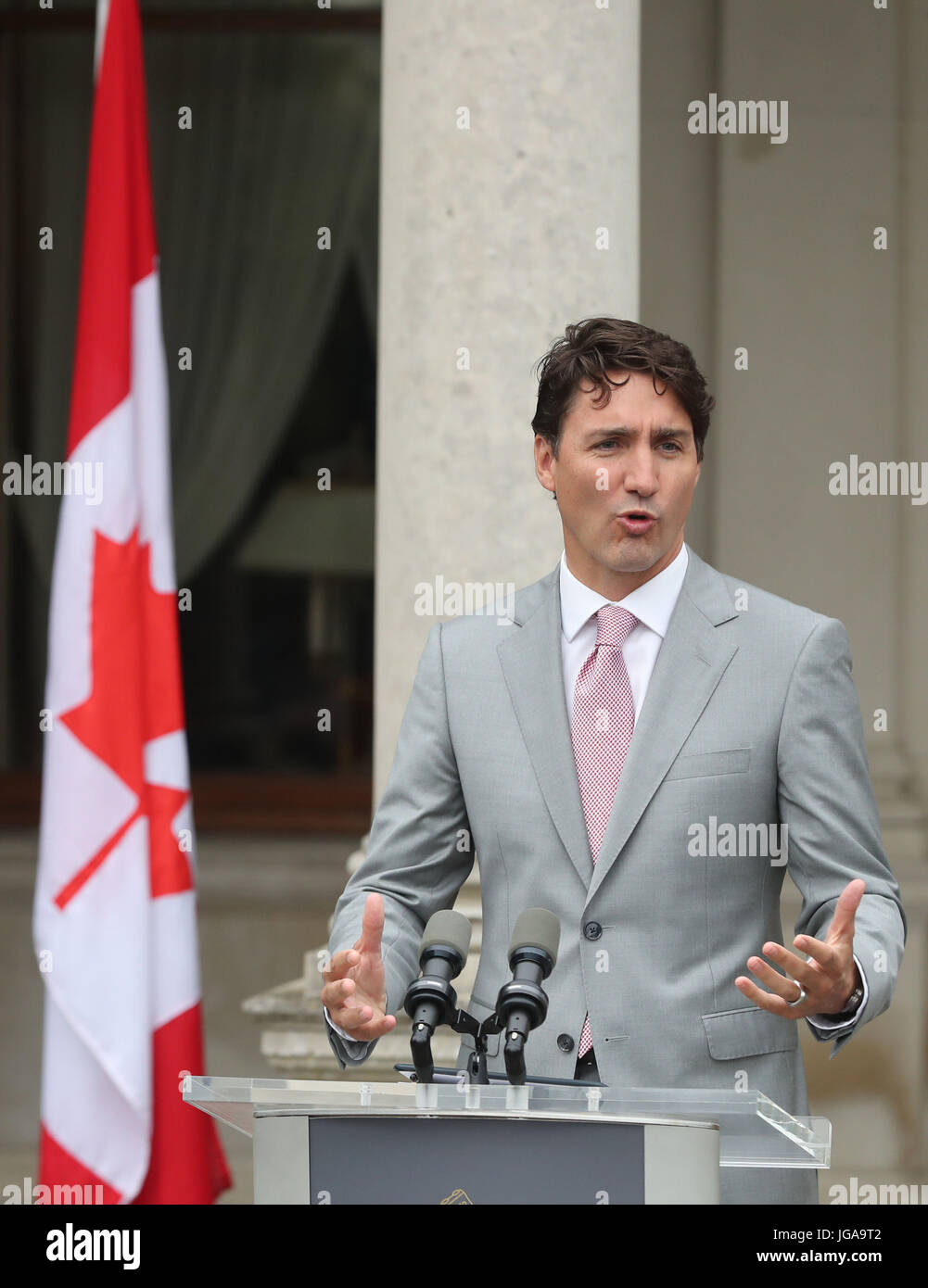 Canadian Prime Minister Justin Trudeau speaking to the media at Farmleigh House in Dublin. Stock Photo