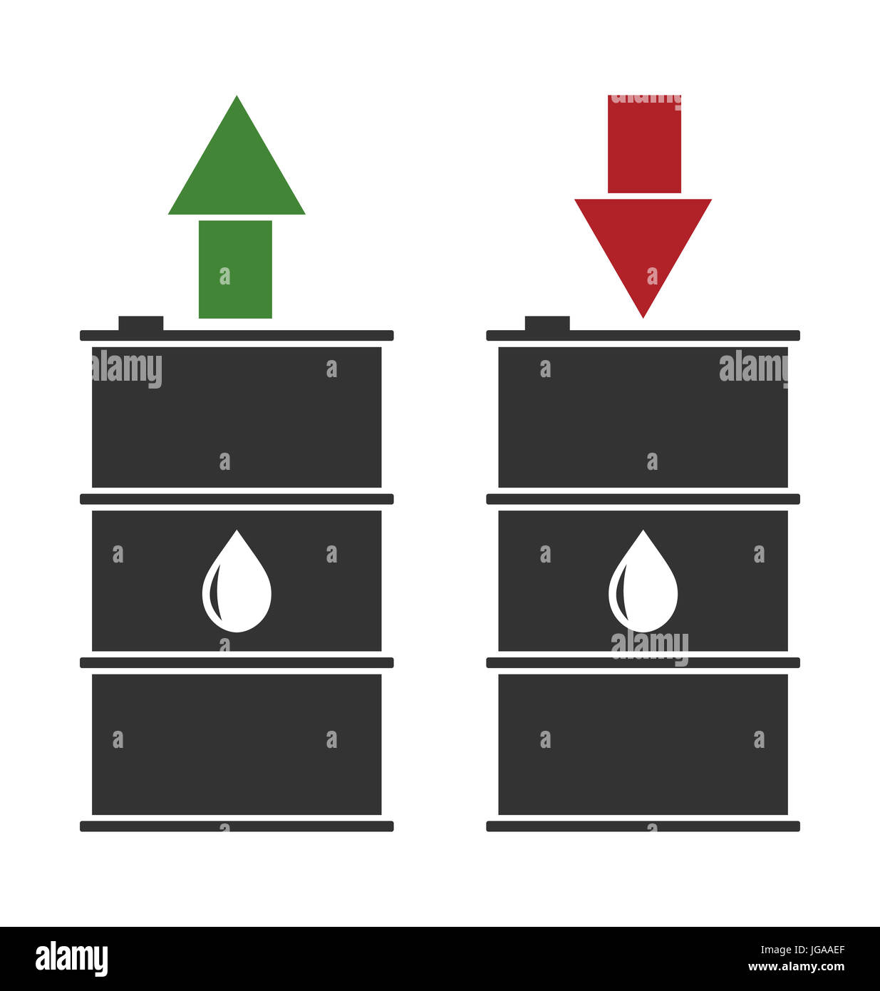 black oil barrel with red and green arrows on white background Stock Photo