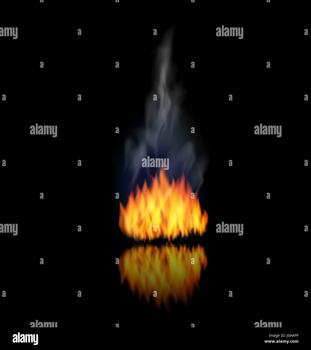 Illustration Realistic Fire Flame with Smoke on Black Background Stock