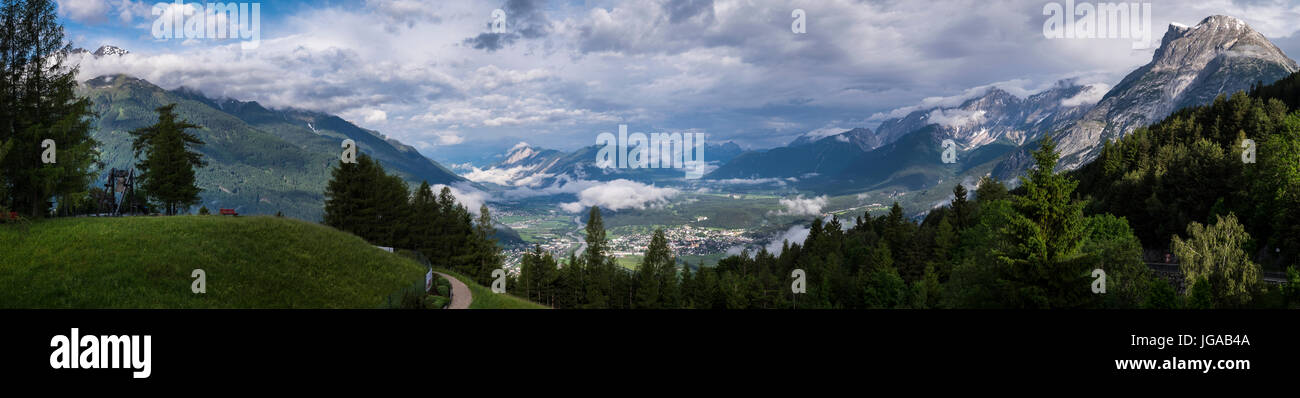 Aerial view over the town of Telfs and the Inn valley, Tyrol, Austraia Stock Photo