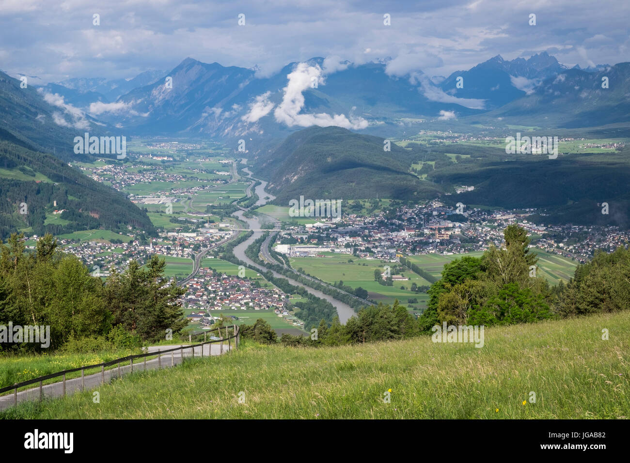 Aerial view over the town of Telfs and the Inn valley, Tyrol, Austraia Stock Photo