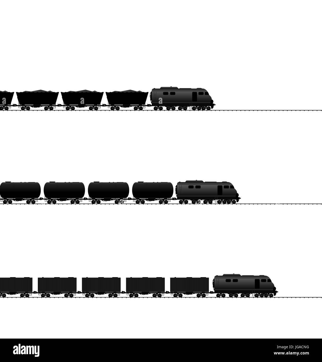 Illustration three train with powered locomotive, cisterns oil, coal freight wagons, container wagons on railroad ways (black icons transportation iso Stock Photo
