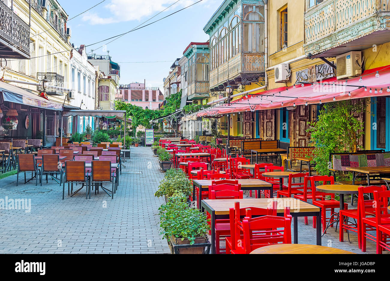 TBILISI, GEORGIA - JUNE 5, 2016: The cozy restaurants and bars along the Erekle II street in Kalaubani (Kala district), the best place to relax and ta Stock Photo